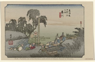 Fujikawa No. 38. Fujikawa: one of the fifty-three noted places on Tokaido, painted by Hiroshige (title on object) De Tôkaidô van Hiroshige (series title) Hiroshige no fude Tôkaidô (series title on object) av Hiroshige (I) , Utagawa