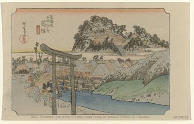 Fujisawa Nr 7. Fujisawa: en av de femtiotre uppmärksammade platserna på Tokaido. Målad av Hiroshige (titel på objekt) De Tôkaidô van Hiroshige (serietitel) Hiroshige no fude Tôkaidô (serietitel på objekt) av Hiroshige (I) , Utagawa