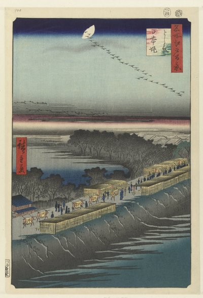 Utsikt över Nihonvallen vid Yoshiwara Yoshiwara Nihonzutsumi (titel på objekt) Hundra kända vyer av Edo (serietitel) Meisho Edo hyakkei (serietitel på objekt) av Hiroshige (I) , Utagawa
