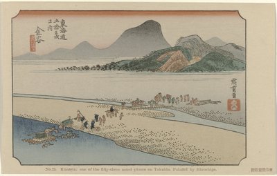 Kanaya Nr 25. Kanaya: en av de femtiotre uppmärksammade platserna på Tokaido, målad av Hiroshige (titel på objektet) De Tôkaidô van Hiroshige (serietitel) Hiroshige no fude Tôkaidô (serietitel på objekt) av Hiroshige (I) , Utagawa
