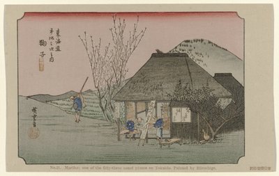 Mariko Nr 21. Mariko: en av de femtiotre uppmärksammade platserna på Tokaido, målad av Hiroshige De Tôkaidô van Hiroshige (serietitel) Hiroshige no fude Tôkaidô (serietitel på objekt) av Hiroshige (I) , Utagawa