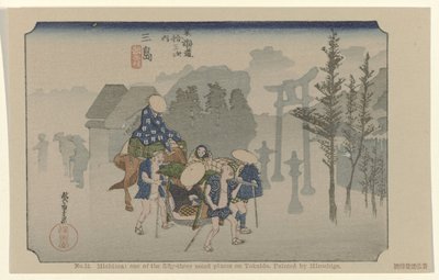 Mishima Nr 12. Mishima: en av de femtiotre uppmärksammade platserna på Tokaido. Målad av Hiroshige De Tôkaidô van Hiroshige (serietitel) Hiroshige no fude Tôkaidô (serietitel på objekt) av Hiroshige (I) , Utagawa