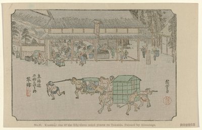 Nr 53. Kusatsu: en av de femtiotre uppmärksammade platserna på Tokaido, målad av Hiroshige De Tôkaidô van Hiroshige (serietitel) Hiroshige no fude Tôkaidô (serietitel på objekt) av Hiroshige (I) , Utagawa