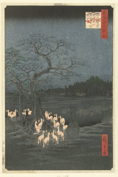 Foxfires på nyårsafton vid Shozoku Nässelträdet i Oji Oji Shozoku enoki omisoka no kitsunebi (titel på objekt) Hundra kända ansikten på Edo (serietitel) Meisho Edo hyakkei (serietitel på objekt) av Hiroshige (I) , Utagawa