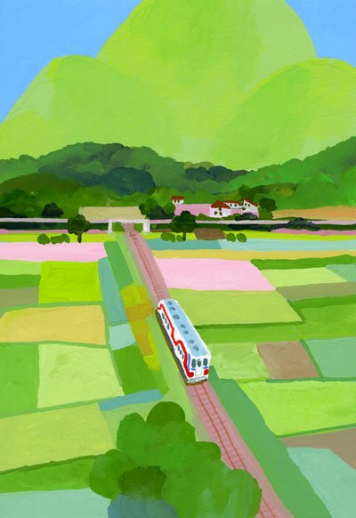 Stort grönt berg och risfält av Hiroyuki Izutsu