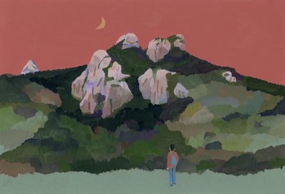 Man med ryggsäck som reser i bergen, 2015 (gouache på papper) av Hiroyuki Izutsu