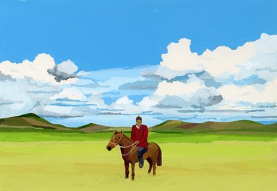 Mongoliska stäpper och människor som rider på hästar, 2015 (Gouache på papper) av Hiroyuki Izutsu