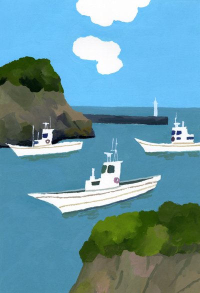 Tre fiskebåtar. av Hiroyuki Izutsu