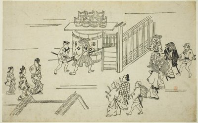 Entranse till Ageyacho, från seriens "Tee Apperanse Of Yoshiwara (Yoshiwara no Tei)", ca. 1681-84 (Odbocktryck; Sumizurie, Oban) av Hishikawa Moronobu