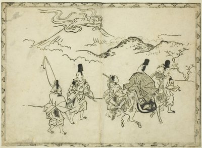Narihiras resa österut, från den illustrerade boken "Panorama över målningar på skärmar och hängande rullar (Byobu kakemono ekagami)" av Hishikawa Moronobu