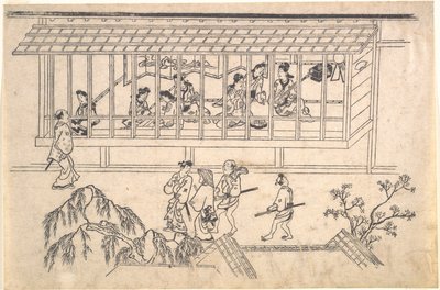 Den sjätte scenen ur Scener från nöjeskvarteret Yoshiwara i Edo av Hishikawa Moronobu