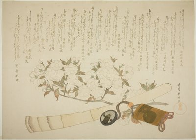 En gren av vit persikoblomma, ett Inro-fodral och en Hotchiku-flöjt av Hishikawa Sori III