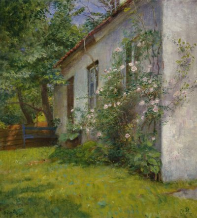 Hus med rosenbuske, Sandø av Hjalmer Eilif Emanuel Peterssen