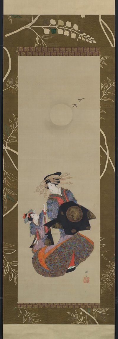 Beauty of the Yoshiwara med Apprentice in Moonlight, 1800-talet. av Hokuba