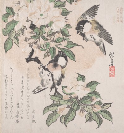 Spring Rain Collection Harusame shu, vol. 3: Marsh-mes och krabba äppelblommor, ca. ..., ca. 1820. av Hokuba