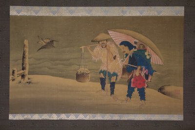 Monkey Showman och Porter in the Snow, 1800-talet. av Hokuga
