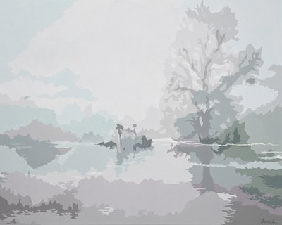 Misty Morning, 2024 (olja på duk) av Holly Boruck