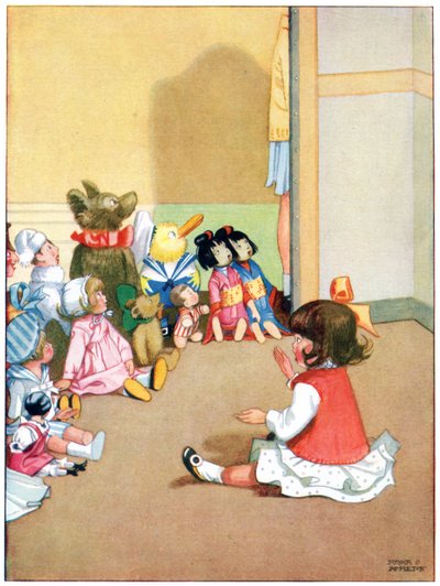 Dorothy berättar en historia för barnen, illustration från "Josephine Keeps House", publicerad av Blackie & Co. av Honor Charlotte Appleton