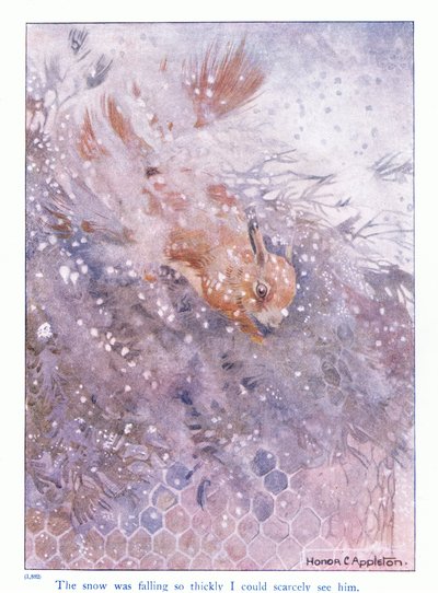 Snön föll så tjockt att jag knappt kunde se honom, illustration från "More About the Squirrels" av Eleanor Tyrell, ca 1915 (färg litho) av Honor Charlotte Appleton