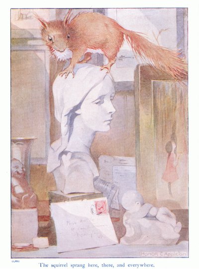 Ekorren sprang här, där och överallt, illustration från "Mer om ekorrarna" av Eleanor Tyrell, ca 1915 (färg litho) av Honor Charlotte Appleton