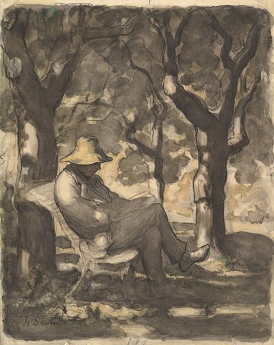 En man som läser i en trädgård, 1825-79 (wc över svart krita, penna och bläck, tvätt och krita) av Honoré Daumier