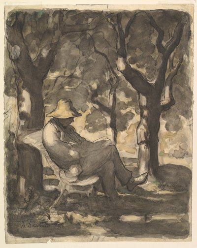 En man som läser i en trädgård recto, Preliminär skiss för en man som läser i en trädgård v..., ca. 1865. av Honoré Daumier