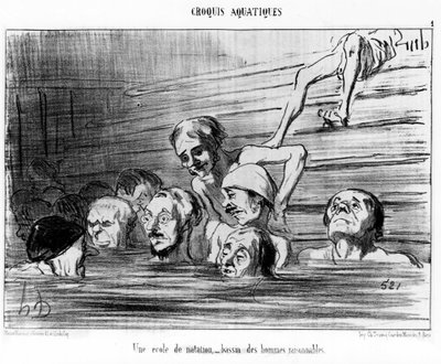 En simskola, en bassäng med förnuftiga män: illustration från serien "Sketch d