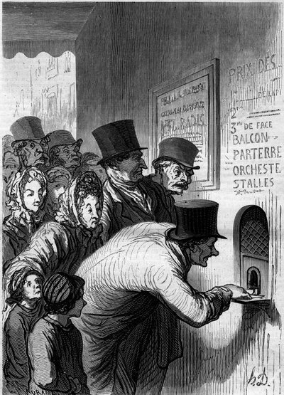 Ett teaterfönster. Tecknad av Honore Daumier (1808-1879). Gravyr i "" Le Monde Illustré"" nr 269 av 7 juni 1862. av Honoré Daumier