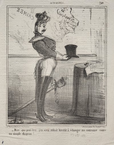 Aktualiteter (nr 249): De säger att jag snart kommer att reduceras till att byta ut min krona mot en enkel hatt! av Honoré Daumier