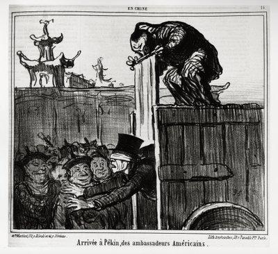 Anlände till Peking av amerikanska ambassadörer. I serien In China, illustration av Honore Daumier (1808-1879), publicerad i "" Charivari"", daterad 13 oktober av Honoré Daumier