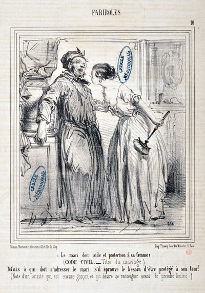 Konstverk av Honore Daumier (1808-1879) Charivari: Serie FARIBOLES Le mari doit aide et protection a sa femme (Civil Code - Title du mariage) "" -Men vem måste vända sig till mannen om han känner att han behöver skyddas i sin tur? (Anteckning av en artist  av Honoré Daumier