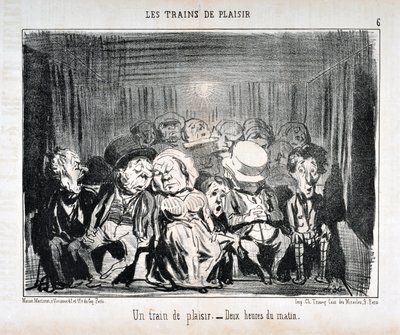 Konstverk av Honore Daumier (1808-1879) Charivari är från 1852: Serie LES TRAINS DE PLAISIR -Ett nöjeståg. – Klockan två på morgonen. MUSEET FÖR FINA KONST - PALACE LONGCHAMP, MARSEILLE av Honoré Daumier