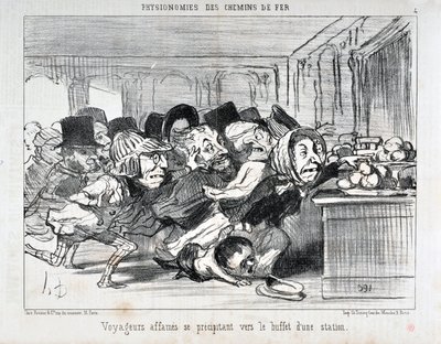 Konstverk av Honore Daumier (1808-1879) Charivari är från 1852: Serie PHYONOMIES DES CHAIN ​​​​DE FERR Hungriga resenärer rusar till buffén på en station MUSEE DES BEAUX ARTS - PALAIS LONGCHAMP, MARSEILLE av Honoré Daumier