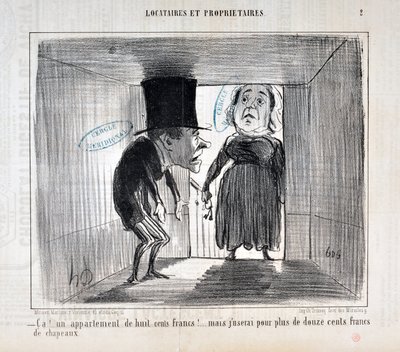 Konstverk av Honore Daumier (1808-1879) Charivari är från 1854: Serie TENNIQUES AND OWNERS "Ca!... en lägenhet på åttahundra franc!... men jag kommer att använda mer än tolvhundra franc i hattar" MUSEE DES BEAUX ARTS - PALAIS LONGCHAMP, MARSEILLE av Honoré Daumier