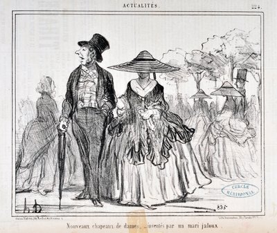 Konstverk av Honore Daumier (1808-1879) Charivari-datum från 1855: Serie Actualites "Nouvelles hats de dames, inventes par un mari jaloux" MUSEE DES BEAUX ARTS - PALAIS LONGCHAMP, MARSEILLE av Honoré Daumier