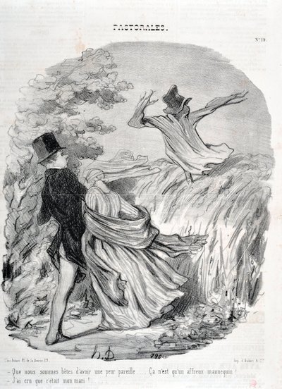 Konstverk av Honore Daumier (1808-1879). Charivari går tillbaka till 1845: Serie PASTORALES "" Vad bra vi är att ha en sådan rädsla... "Jag trodde att han var min man!" MUSEET FÖR FINA KONST - PALACE LONGCHAMP, MARSEILLE av Honoré Daumier