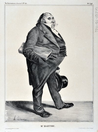 Konstverk av Honore Daumier (1808-1879). Charivari är från 1833: Serie Celebrites de la Caricature "" M. Barthe"" KONSTMUSEET - PALAIS LONGCHAMP, MARSEILLE av Honoré Daumier