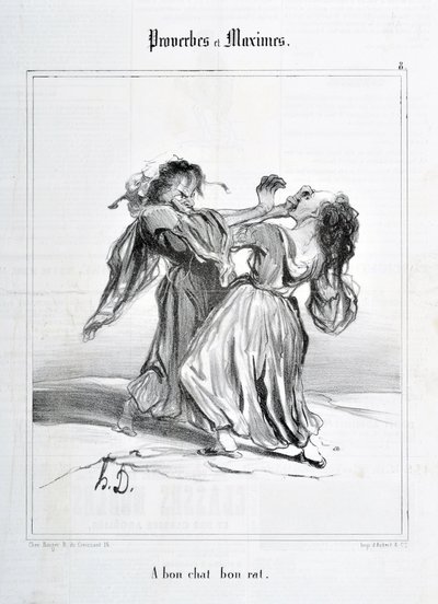 Konstverk av Honore Daumier (1808-1879). Charivari är från 1840: serien ORDSPRÅK OCH MAXIM "A bon cat bon rat"" KONSTMUSEET - PALAIS LONGCHAMP, MARSEILLE av Honoré Daumier