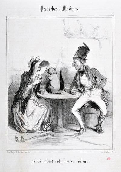 Konstverk av Honore Daumier (1808-1879). Charivari är från 1840: Serie PROVERBS ET MAXIMES "" som älskar Bertrand älskar sin hund "" MUSEE DES BEAUX ARTS - PALAIS LONGCHAMP, MARSEILLE av Honoré Daumier