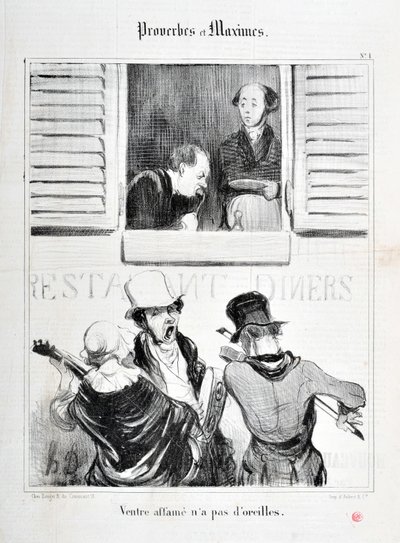 Konstverk av Honore Daumier (1808-1879). Charivari är från 1840: Serie PROVERBS ET MAXIMES "" Magsvält har inga öron "" "MUSEE DES BEAUX ARTS - PALAIS LONGCHAMP, MARSEILLE av Honoré Daumier