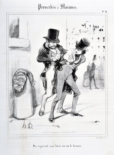 Konstverk av Honore Daumier (1808-1879). Charivari är från 1840: Serie PROVERBES ET MAXIMES "" Vi återupptar vår egendom eller så hittar vi den "" "MUSEE DES BEAUX ARTS - PALAIS LONGCHAMP, MARSEILLE av Honoré Daumier