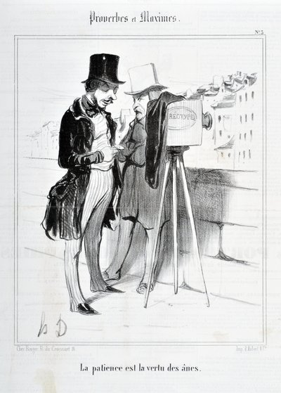 Konstverk av Honore Daumier (1808-1879). Charivari är från 1840: Serie PROVERBES ET MAXIMES "Tålamod är åsnornas dygd"" KONSTMUSEET - PALAIS LONGCHAMP, MARSEILLE av Honoré Daumier