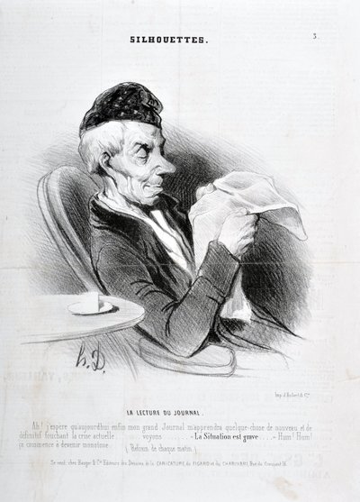 Konstverk av Honore Daumier (1808-1879). Charivari är från 1840: SOUXETTES-serien "" Läser tidningen "" MUSEE DES BEAUX ARTS - PALAIS LONGCHAM av Honoré Daumier