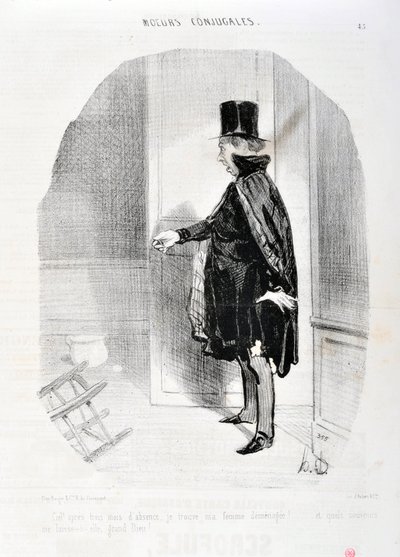 Konstverk av Honore Daumier (1808-1879). Charivari är från 1842: Serie MORES CONJUALES “” Himlen efter tre månaders frånvaro finner jag min fru demenagee och vilka minnen jag tvättar hennes store Gud! "" MUSEET FÖR FINA KONST - PALACE LONGCHAMP, MARSEILLE av Honoré Daumier