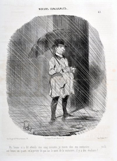Konstverk av Honore Daumier (1808-1879). Charivari är från 1842: Serie MORES CONJUALES "" Min fru sa till mig vänta på mig fem minuter. Jag går upp till min couturiere för en timme för en kvart sedan och dörren säger att på torget i couturiere finns studen av Honoré Daumier