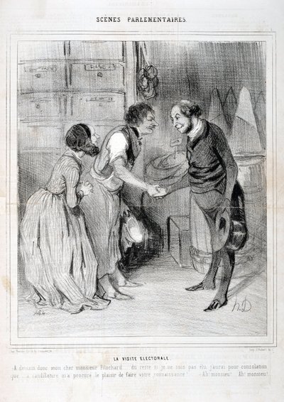 Konstverk av Honore Daumier (1808-1879). Charivari är från 1843: Serie SCENES PARLAMENTARY. Valbesöket. KONSTMUSEET - PALACE LONGCHAMP, MARSEILLE av Honoré Daumier