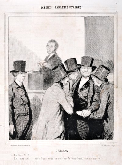 Konstverk av Honore Daumier (1808-1879). Charivari är från 1843: Serie SCENES PARLAMENTARY. Valet "" Simma!!! "Ah mina vänner mina goda vänner ikväll är den bästa dagen i mitt liv!" MUSEET FÖR FINA KONST - PALACE LONGCHAMP, MARSEILLE av Honoré Daumier