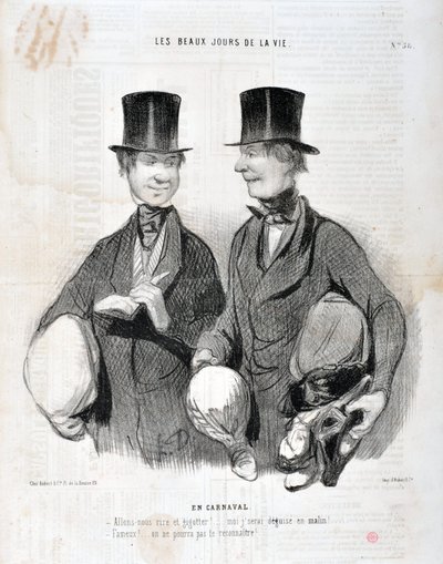 Konstverk av Honore Daumier (1808-1879). Charivari är från 1845: Serie LES BEAUX DAYS DE LA VIE. I Carnival "" -Låt oss skratta och gigotta! Jag kommer att bli besviken så smart! Känd! Vi kan inte känna igen dig...” MUSEUM OF FINE ARTS - PALACE LONGCHAMP,  av Honoré Daumier