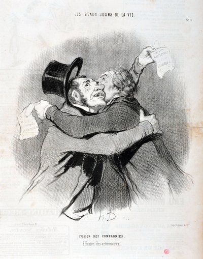 Konstverk av Honore Daumier (1808-1879). Charivari är från 1845: Serie LES BEAUX DAYS DE LA VIE. Fusion av företag - Utfall av aktieägare. MUSEUM FÖR KONST - PALATSET LONGCHAMP, MARSEILLE. av Honoré Daumier