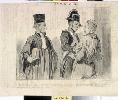 Konstverk av Honore Daumier (1808-1879). Charivari är från 1845: Serie LES PEANS DE JUSTICE. "" -Min kära vad vill du... vi hade olycka... Jag kunde inte bevisa din oskuld den här gången... men din nästa flygning hoppas jag bli lyckligare.""""" utdrag ur av Honoré Daumier